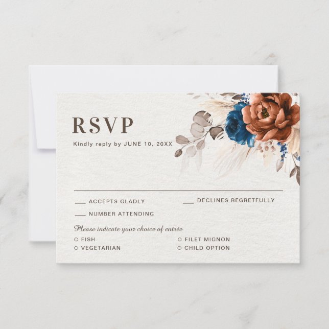 Terracotta Navy Blue Pampas Grass Rustic Wedding R RSVP Card (Front)