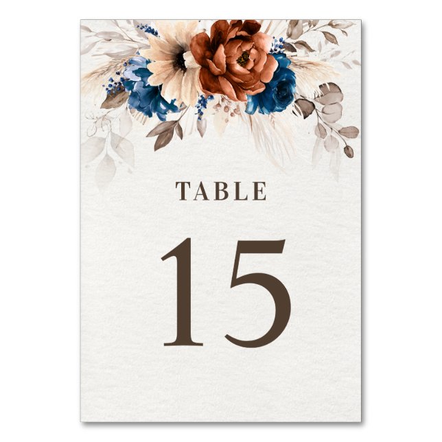 Terracotta Navy Blue Pampas Grass Rustic Wedding Table Number (Front)