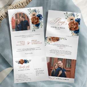 Terracotta Navy Blue Pampas Grass Rustic Wedding Tri-Fold Announcement