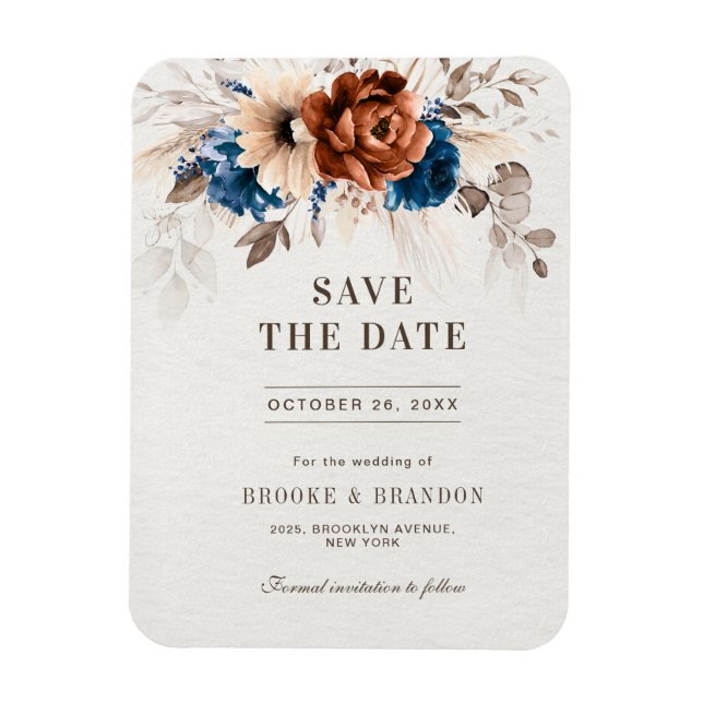 Terracotta Navy Blue Pampas Grass Save the Date Magnet (Vertical)