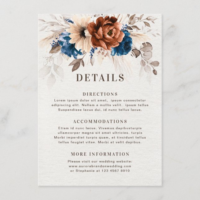 Terracotta Navy Blue Pampas Grass Wedding Details  Enclosure Card (Front)