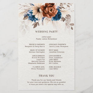 Terracotta Navy Blue Pampas Grass Wedding Program