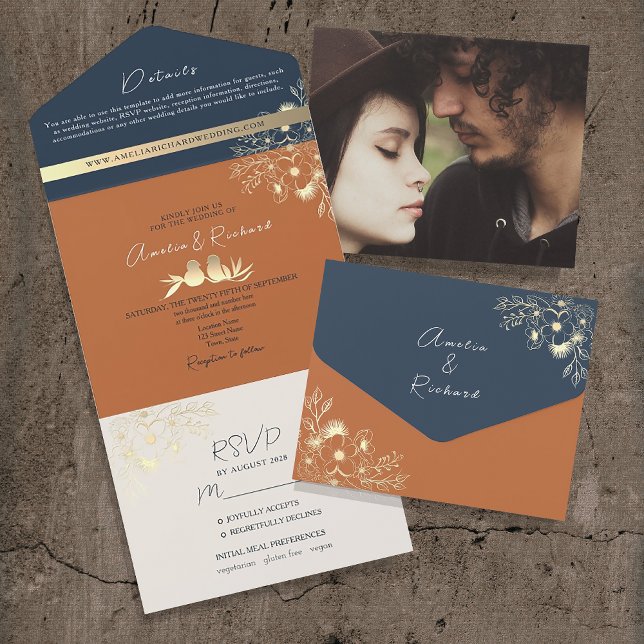 Terracotta Navy Blue Wedding All In One Invitation (Creator Uploaded)