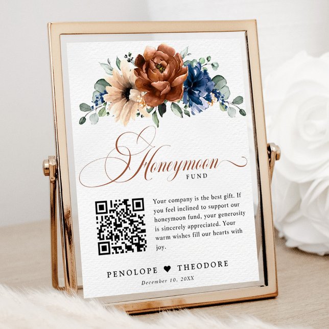 Terracotta Navy Blue Wedding Honeymoon Fund Sign (Honeymoon fund QR code sign with terracotta and navy flowers)