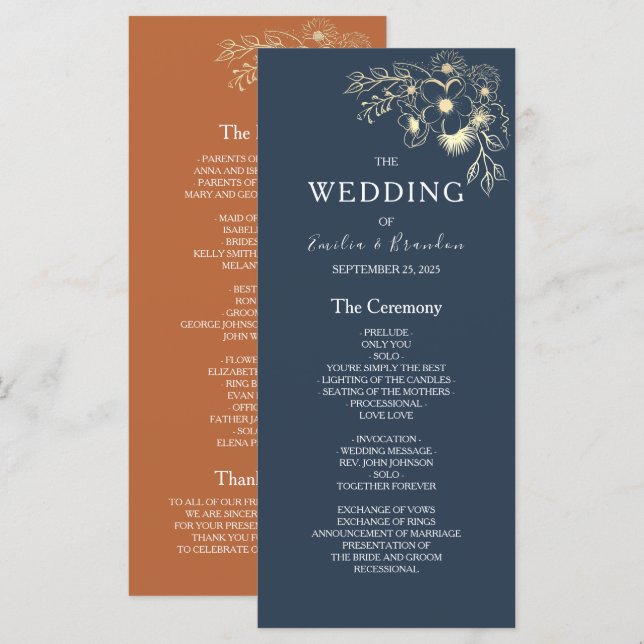 Terracotta Navy Blue Wedding Program Programme (Front/Back)