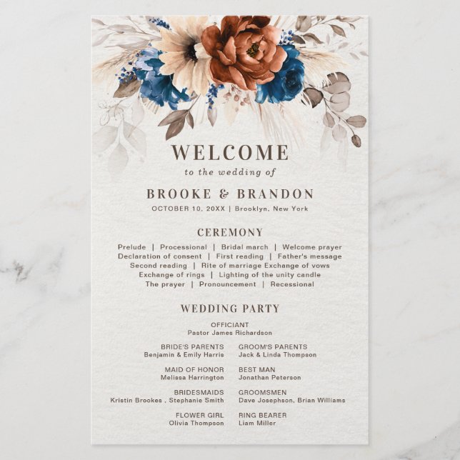Terracotta Navy Blue Wedding Program With Menu (Front)