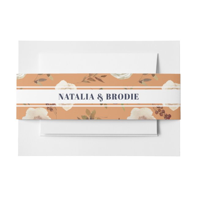Terracotta Navy Blue White Floral Wedding  Invitation Belly Band (Front Example)