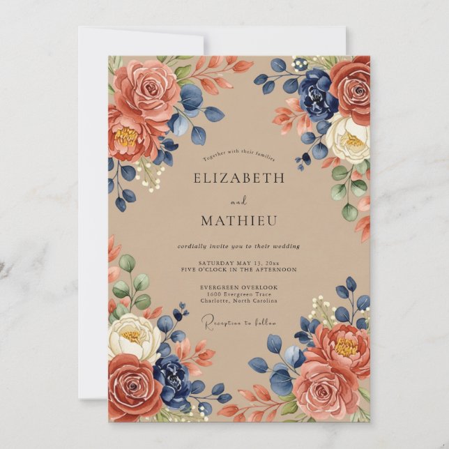 Terracotta Navy Bountiful Autumnal Wedding Invitation (Front)