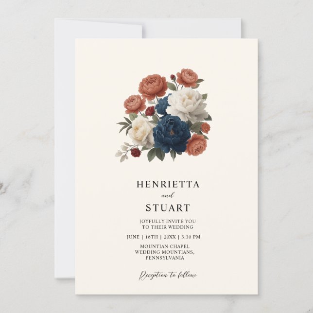 Terracotta Navy Floral all in one Wedding Invite (Front)