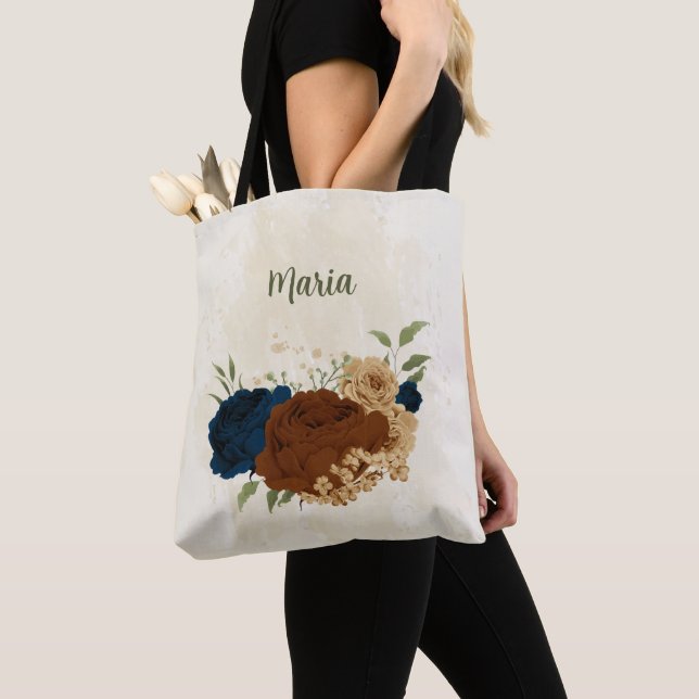 terracotta navy floral tote bag (Close Up)