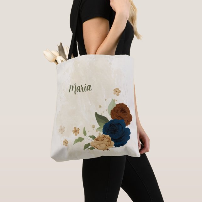 terracotta navy floral tote bag (Close Up)