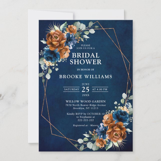 Terracotta Navy  Greenery Geometric Bridal Shower  Invitation (Front)