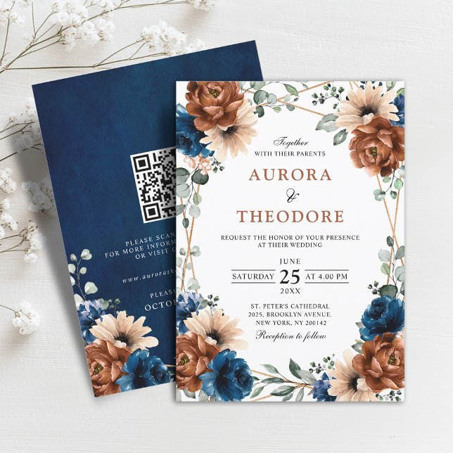 Terracotta Navy Greenery Geometric Wedding QR Code Invitation (Terracotta Navy Blue Greenery Geometric Wedding QR Code Invitation)