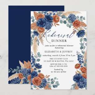 Terracotta Navy Pampas Floral Rehearsal Dinner  Invitation
