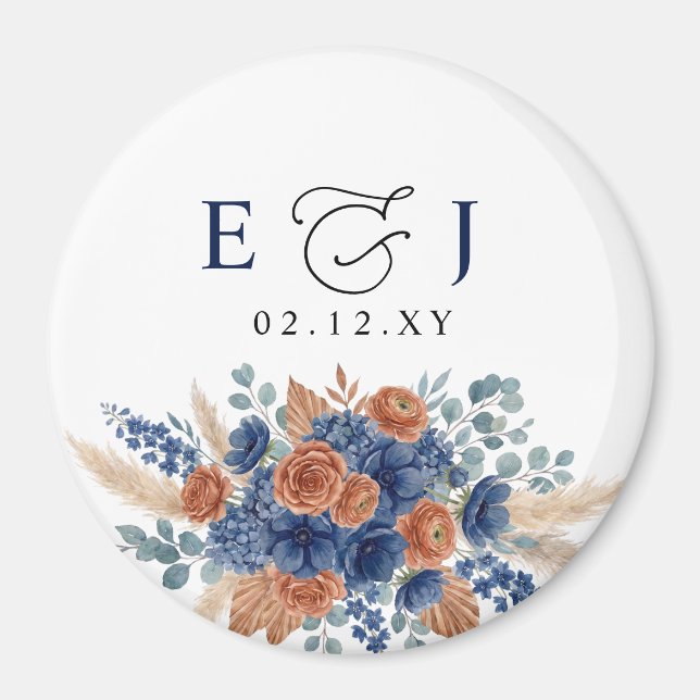 Terracotta Navy Pampas Greenery Modern Wedding Magnet (Front)