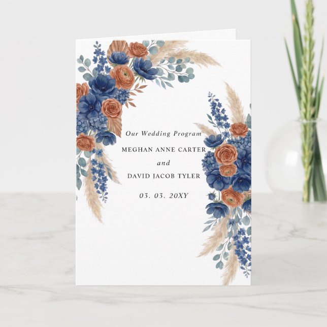  Terracotta Navy Pampas Greenery Modern Wedding Programme (Front)