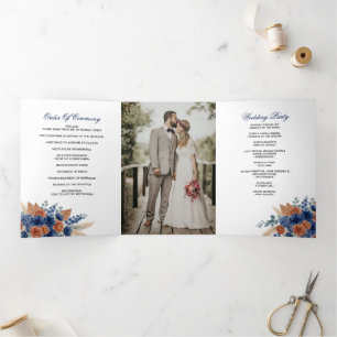  Terracotta Navy Pampas Greenery Modern Wedding Tri-Fold Programme