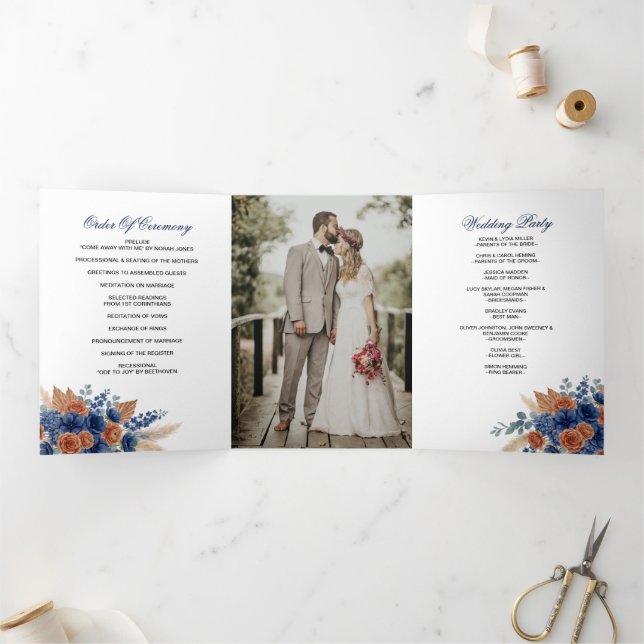  Terracotta Navy Pampas Greenery Modern Wedding Tri-Fold Programme (Inside)