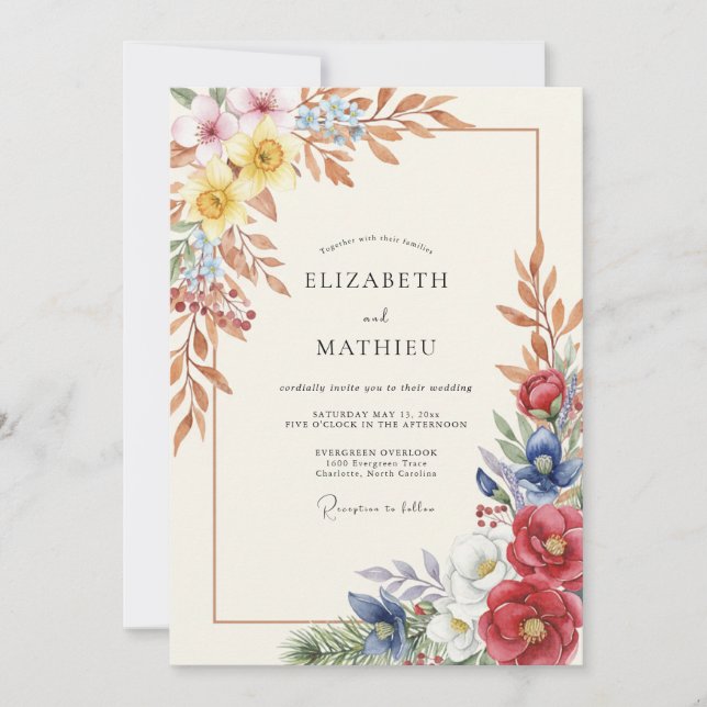 Terracotta Navy Ranunculus Eucalyptus Wedding Invitation (Front)