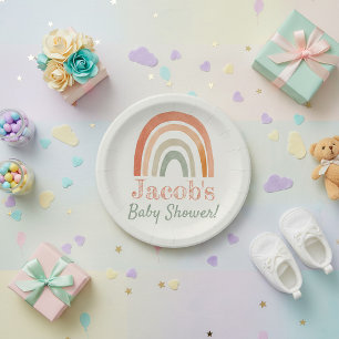 Terracotta neutral rainbow baby shower paper plate