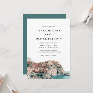 Terracotta Ocean Blue Serif Cinque Terre Wedding Invitation