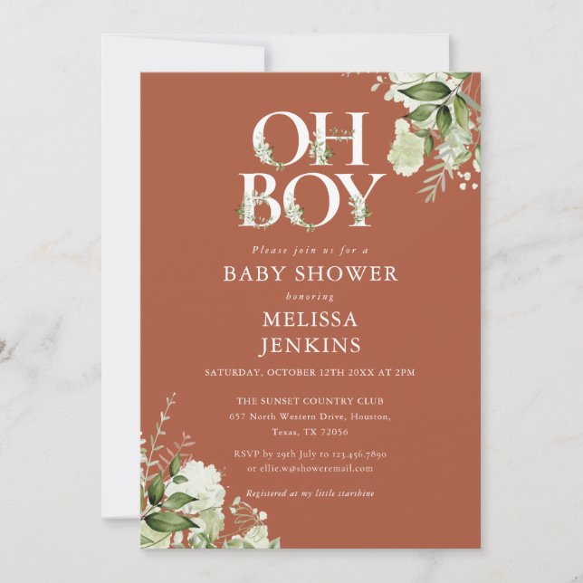 Terracotta Oh Boy Botanical Greenery Baby Shower Invitation (Front)