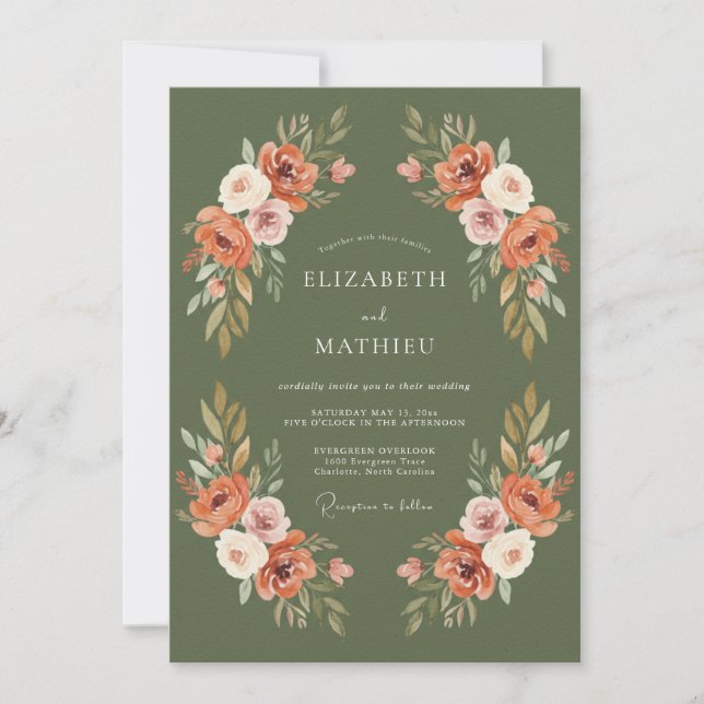 Terracotta Olive Ranunculus Muted Eucalyptus Weddi Invitation (Front)
