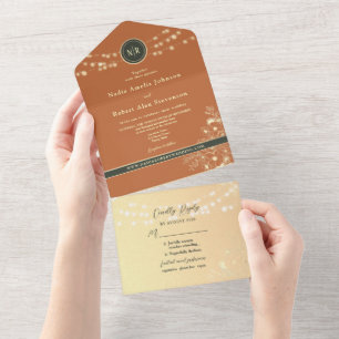 Terracotta Olive String Lights Wedding All In One Invitation