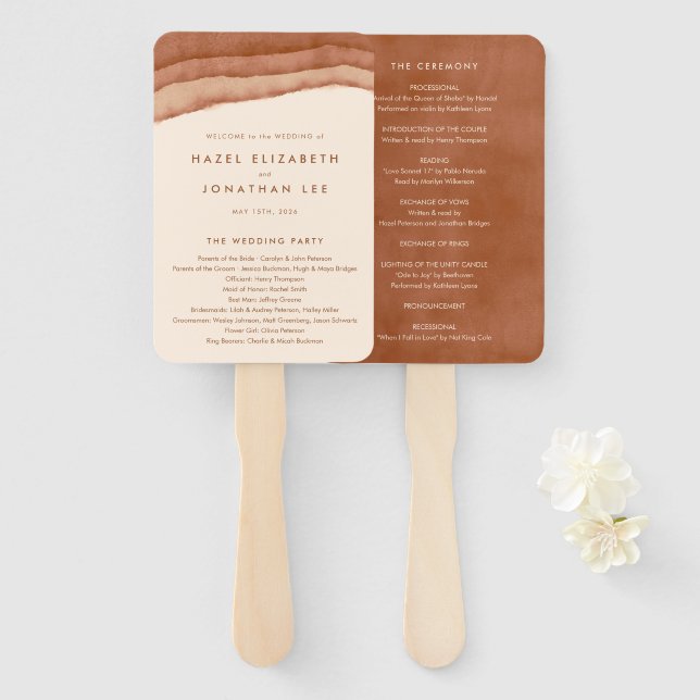Terracotta Ombre | Minimalist Boho Wedding Program Hand Fan (Front and Back)