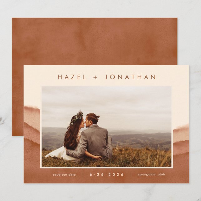 Terracotta Ombre | Minimalist Photo Save the Date  Announcement (Front/Back)
