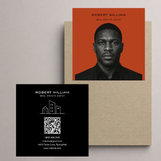 Terracotta Orange Black Realtor QR Photo Square Business Card