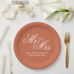 Terracotta orange custom paper wedding party plate<br><div class="desc">Terracotta orange custom paper wedding party plate. Elegant script typography template design for fancy reception party. Customisable hex colour to match your theme. Personalise with Mr and Mrs name of bride and groom plus date of marriage. Glamourous party supplies for your special day.</div>