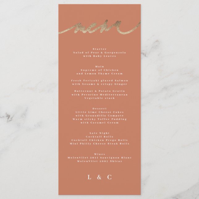 Terracotta Orange Elegant Boho Gold Wedding Menu (Front)