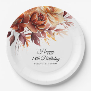 Terracotta Orange Fall Flowers 18th Birthday Paper Plate