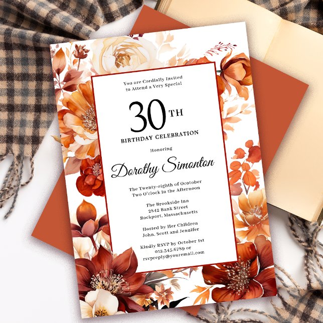 Terracotta Orange Fall Flowers 30th Birthday Invitation (Need a matching autumn floral Welcome Sign? Message me! Party supplies available too!)