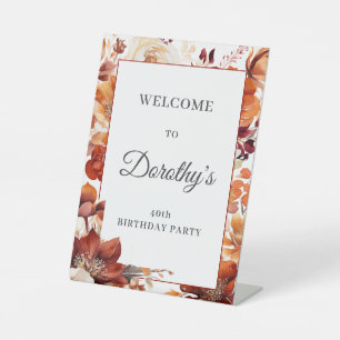 Terracotta Orange Fall Flowers 40th Birthday Pedestal Sign