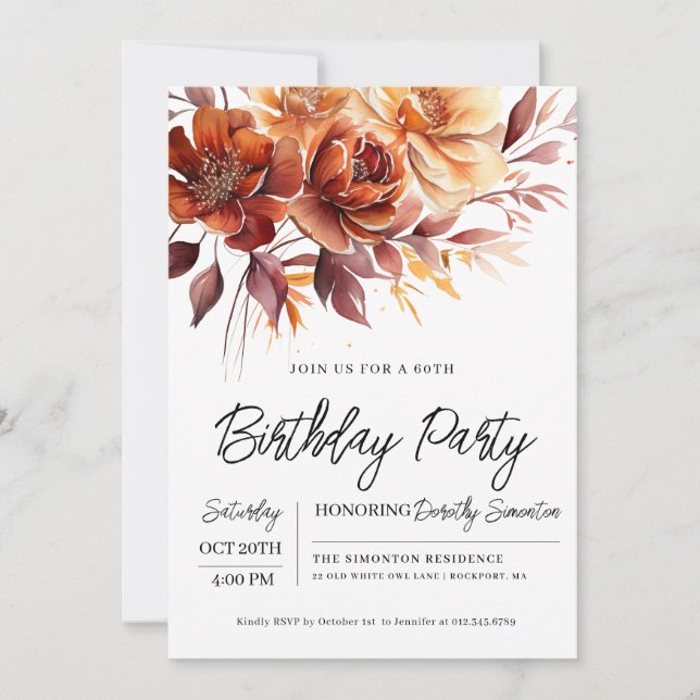 Terracotta Orange Fall Flowers 60th Birthday Invitation (Front)