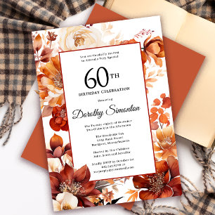 Terracotta Orange Fall Flowers 60th Birthday Invitation