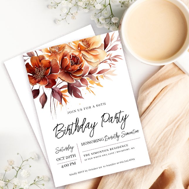 Terracotta Orange Fall Flowers 60th Birthday Invitation (Need a matching fall flowers Welcome Sign? Message me!)
