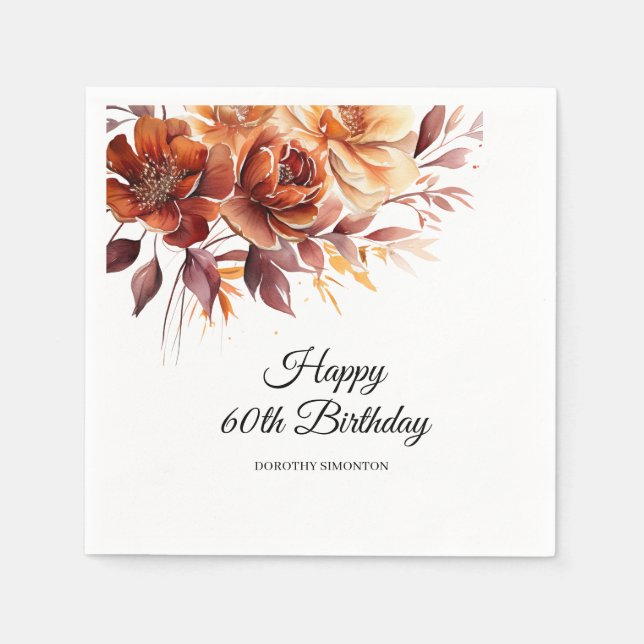 Terracotta Orange Fall Flowers 60th Birthday Napkin (Front)