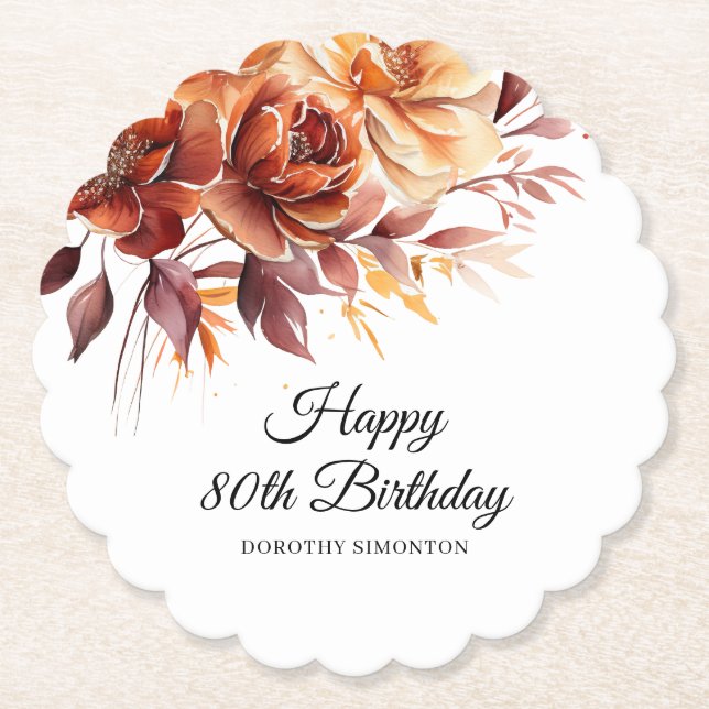 Terracotta Orange Fall Flowers 80th Birthday Paper Coaster (Front)