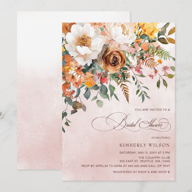 Terracotta Orange Floral Fall Bridal Shower Invitation (Front/Back)