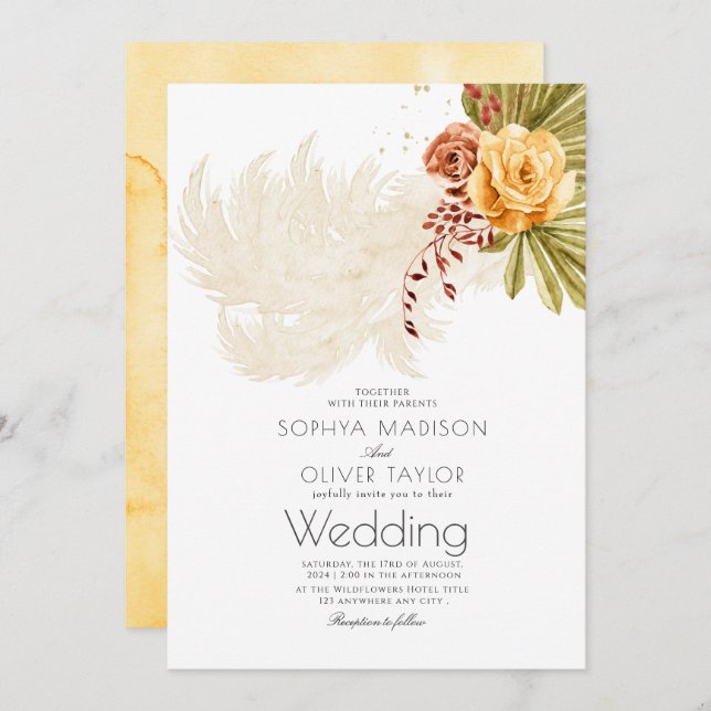 Terracotta Orange  Floral Rustic Boho Wedding  Invitation (Front/Back)