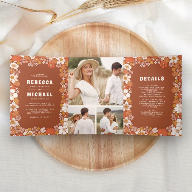 Terracotta Orange Groovy Retro Wildflower Wedding Tri-Fold Invitation (Creator Uploaded)