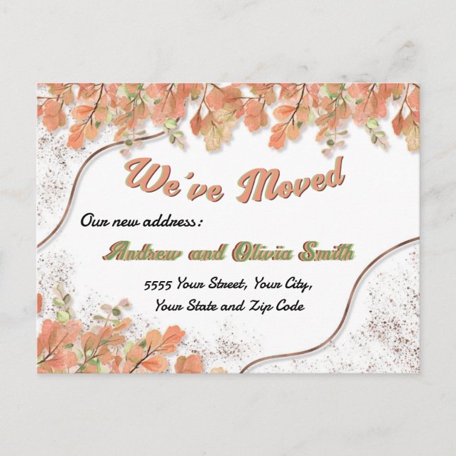 Terracotta Orange Leaves Rusty Foil Moving Address Postcard (Front)