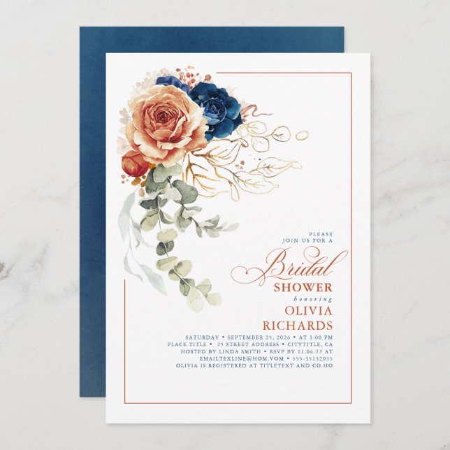 Terracotta Orange Navy Blue Fall Bridal Shower Invitation (Front/Back)