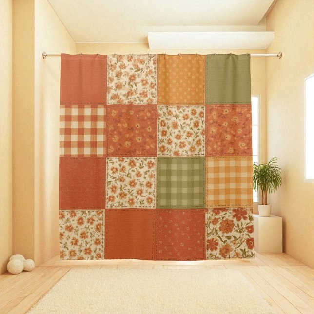 Terracotta Orange Patchwork Quilt Rustic Farmhouse Shower Curtain (Terracotta Orange Patchwork Quilt Rustic Farmhouse Shower Curtain)