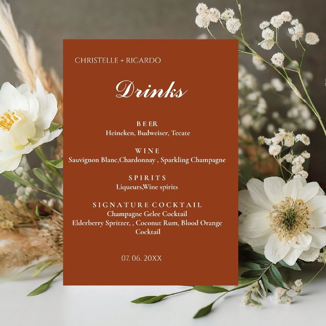 Terracotta orange wedding bar menu,drink wedding pedestal sign (Creator Uploaded)