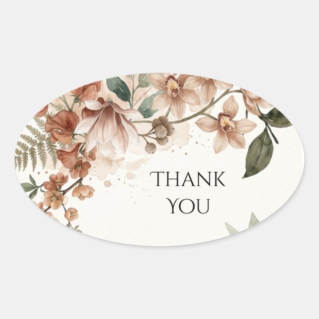 Terracotta Orchid Autumn Wedding Thank You Oval Sticker (Front)