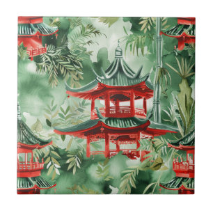 Terracotta Pagoda Asian Garden Watercolor Tile